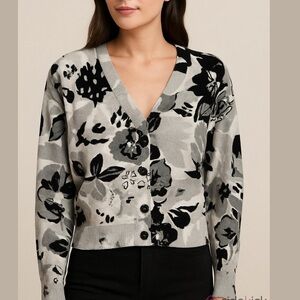 WISPR by Brodie cotton silk blend button up cardigan sweater black grey floral
